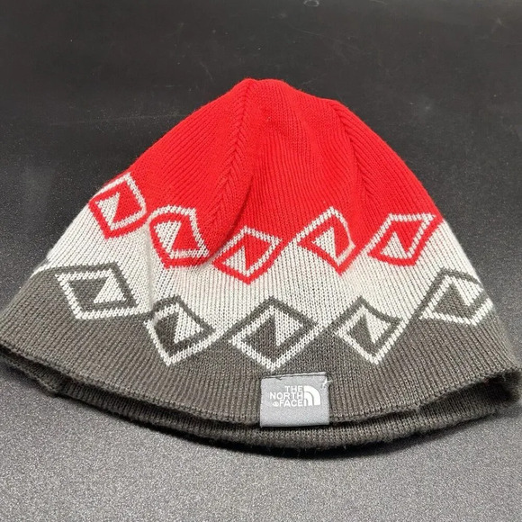 The North Face Beanie Unisex Small Grey Red Pull On Stretchy Knit - Picture 1 of 4